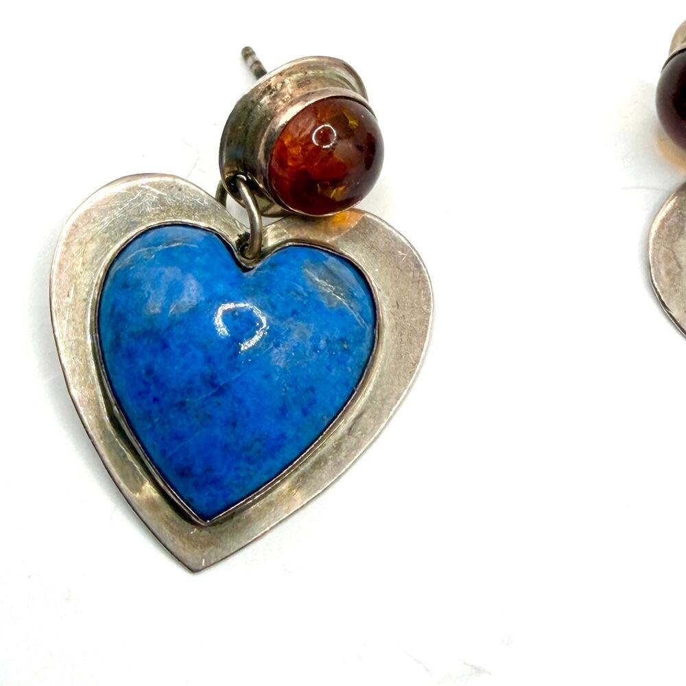 Vintage 90s Jason Livingston Signed Sterling Silver Lapis Amber Heart Earrings - Picture 4 of 8
